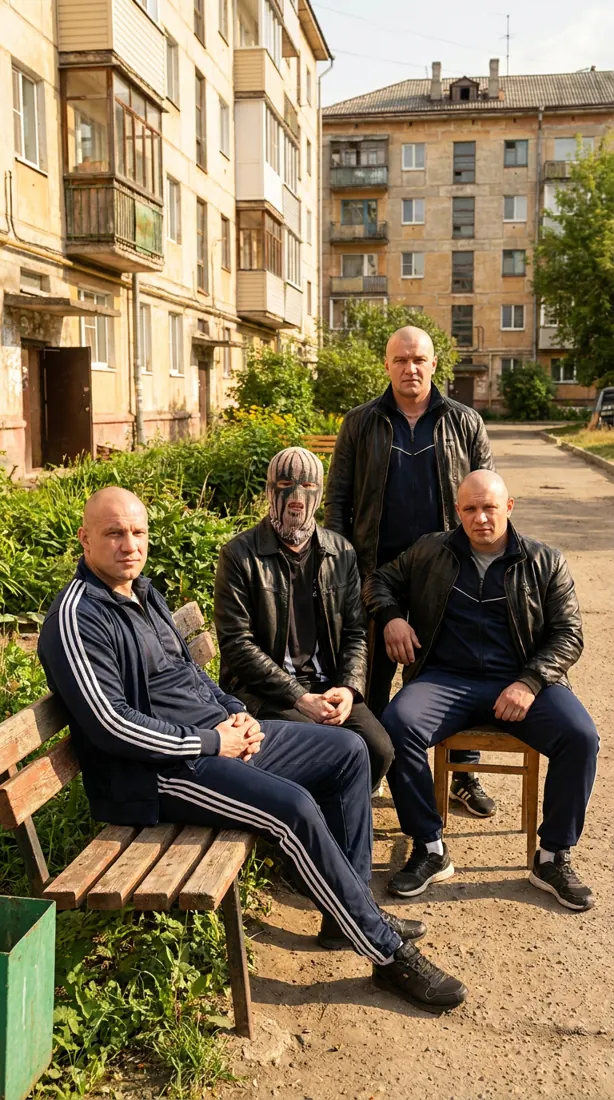 GLAKI with three men in tracksuits on a courtyard bench