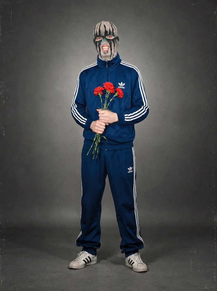 GLAKI in a blue tracksuit holding red carnations