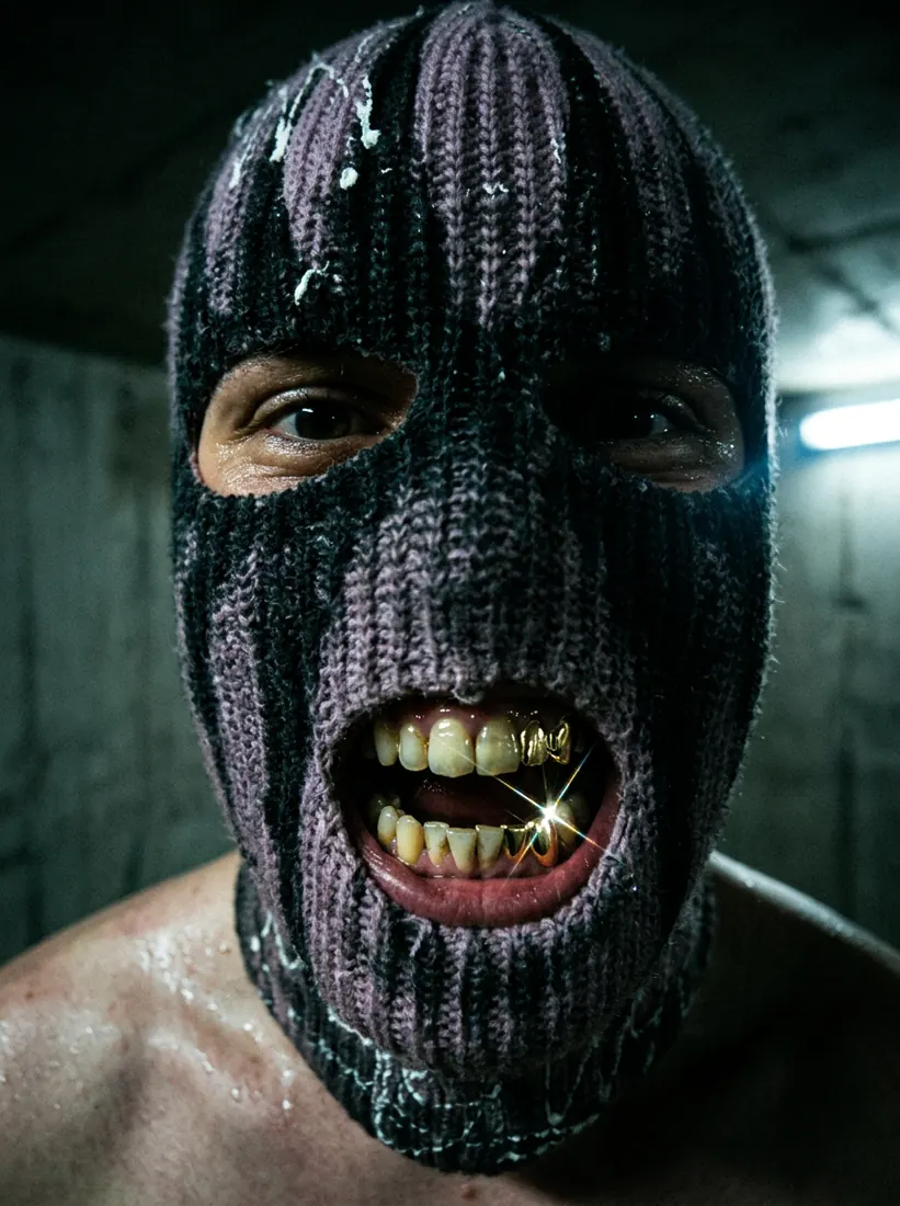 Close-up of the balaclava with gold teeth