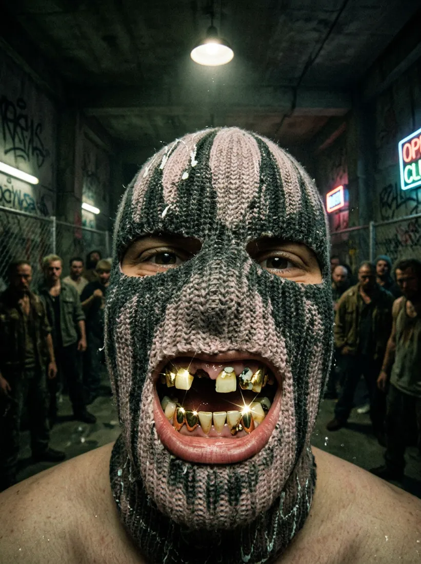 Balaclava close-up in a crowded basement