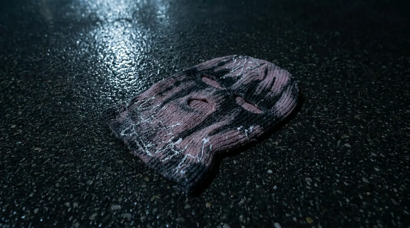Knitted balaclava lying on wet night asphalt